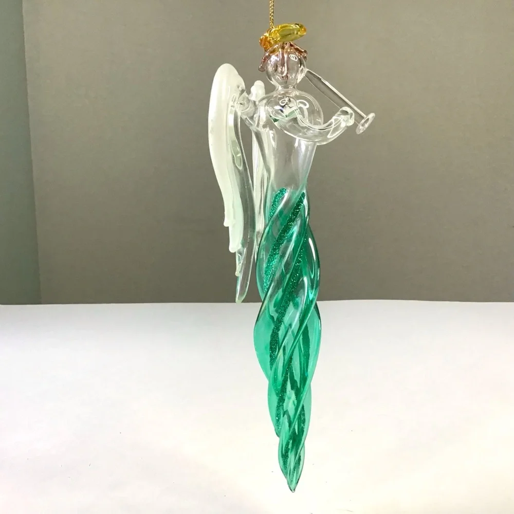 Angel Icicle Christmas Ornament Green Glitter Twisted Swirl Acrylic Wings Horn